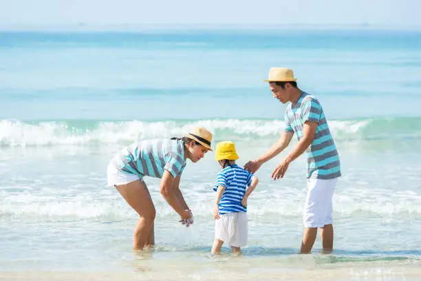 Happy family summer sea  beach vacation. Asia young people lifestyle travel enjoy fun and relax in holiday. Travel and Family Concept