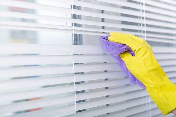 Cleaning white metall sun blinds stock photo