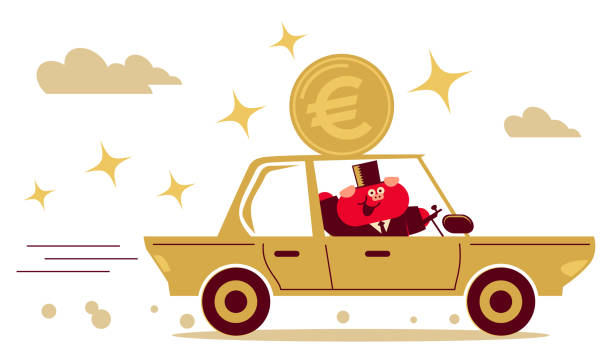 양복과 모자를 쓰고 있는 귀여운 돼지 사업가가 유로 사인 코인(유럽 연합 통화)으로 자동차를 운전하고 있습니다. - european union coin illustrations stock illustrations