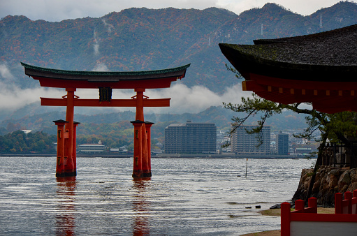 Itsukushima Island (Miyajima Island), Japan - November 26, 2012: Famous Tori gate in high tide of Japanese Inland Sea, on the shore of Miyajima Island.