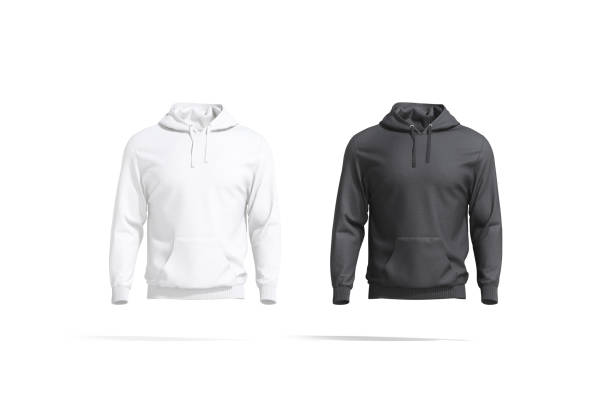 Blank black and white sport hoodie with hood mockup set Blank black and white sport hoodie with hood mockup set, 3d rendering. Empty daily hooded sweatshirt mock up, isolated, front view. Clear long fleece or cotton hoodi template. hooded-shirt stock pictures, royalty-free photos & images