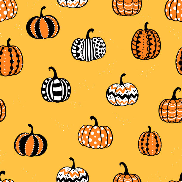 illustrazioni stock, clip art, cartoni animati e icone di tendenza di delizioso motivo senza cuciture di zucca disegnato a mano, ottimo per disegni di halloween, sfondi, tessuti, banner - design vettoriale - pumpkin autumn pattern repetition