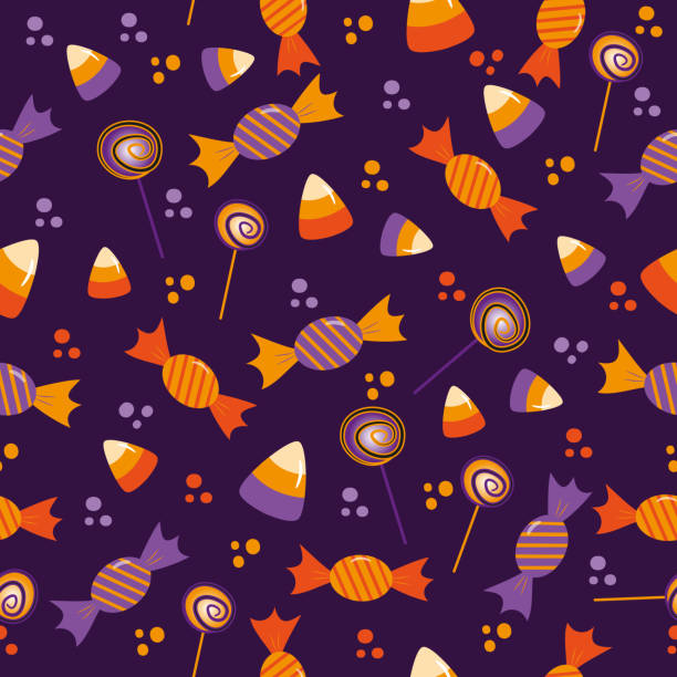 ilustraciones, imágenes clip art, dibujos animados e iconos de stock de patrón candy seamless para halloween - caramelo de maíz, piruleta, y dulces sobre fondo púrpura. - halloween