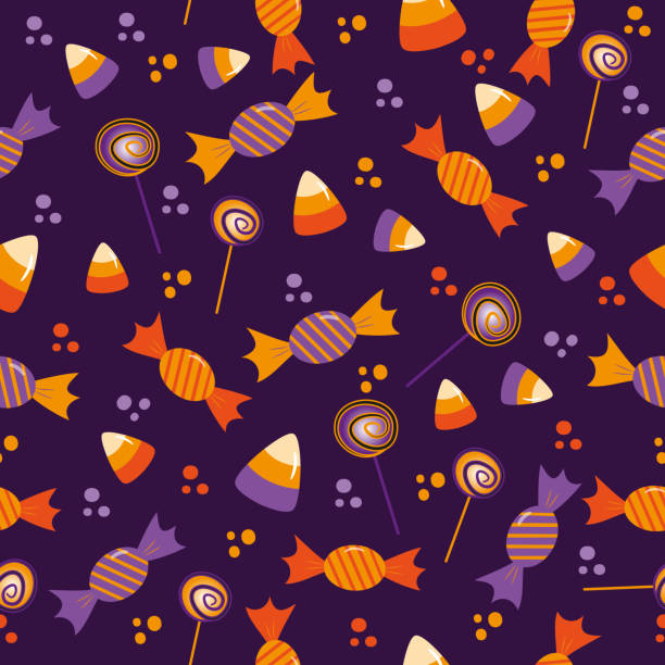 ilustrações, clipart, desenhos animados e ícones de candy sem padrão para o halloween - milho doce, pirulito e doces no fundo roxo. - candy