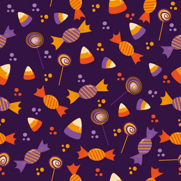 Vector illustration of Candy Seamless pattern for Halloween - Candy corn, lollipop, and sweets on purple background.