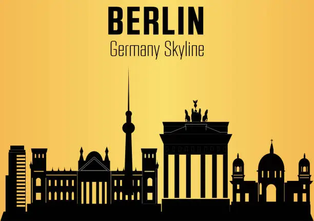 Vector illustration of Berlin Germany city silhouette and yellow background. Berlin Germany Skyline.