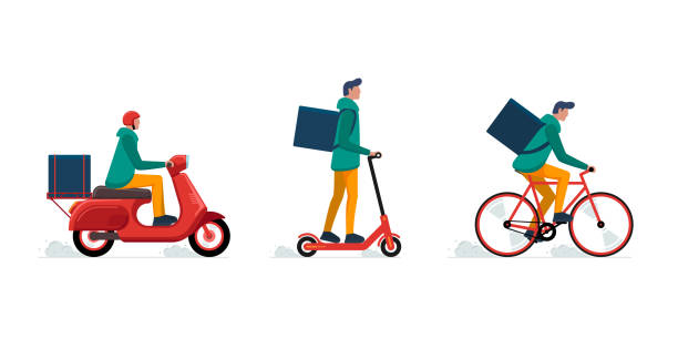 Express delivery courier service concept set. Online fast logistic male on bicycle or electric scooter moped with orders parcel box. Vector illustration Express delivery courier service concept set. Online fast logistic male on bicycle or electric scooter moped with orders parcel box. Vector flat illustration push scooter illustrations stock illustrations