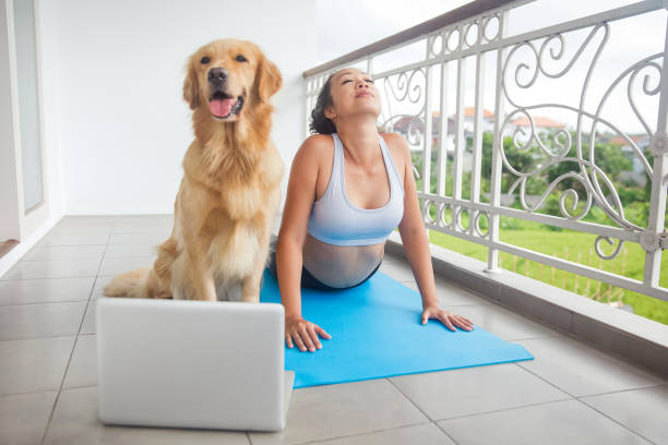 istock Asian woman stretching her back during online yoga class 1278600050