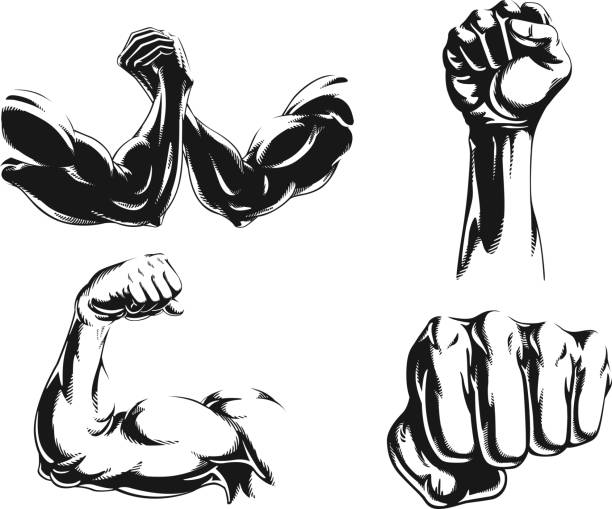 Silhouette mma fighter bodybuilder arm logo isolated vector icon illustration on black and white style A set of silhouette contour of muscular arm biceps flexing, arms wrestling, punch and raised fist isolated vector on black & white style arm wrestling stock illustrations