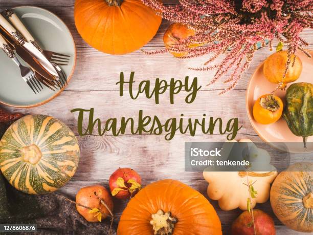 Thanksgiving Dinner Background With Pumpkins Stock Photo - Download Image Now - Thanksgiving - Holiday, Table, Happiness