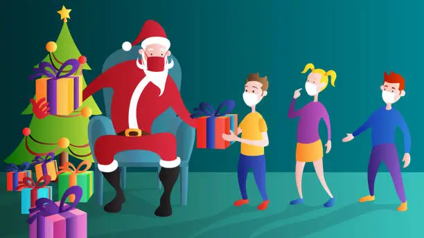 Vector illustration of Santa with a group of kids with face mask