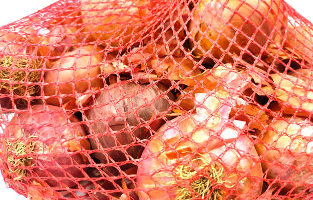 onions groups in mesh on white - onion bag netting vegetable imagens e fotografias de stock