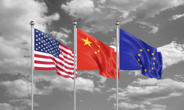 istock Three realistic flags. Three colored silky flags in the wind: USA (United States of America), EU (European Union) and China. 3D illustration. 1278608287