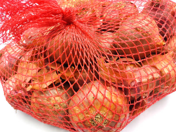 groupes d’oignons en maille sur blanc - onion bag netting vegetable photos et images de collection