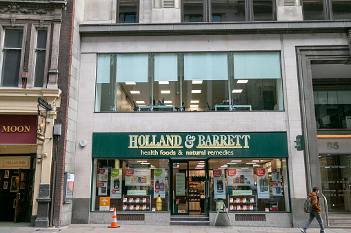 Holland & Barrett in Gracechurch Street, City of London. This a health and well-being chain store selling vitamins, supplements, sports nutrition, gluten-free and vegan foods