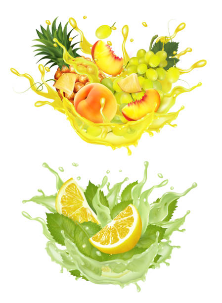istock Set of fruit juice splash. Whole and sliced pineapple, mango, peach lime, orange, banana in juice or cocktail with splashes and drops isolated on transparent background. Vector. 1278608917