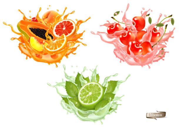 istock Sweet exotic juice splash. Whole and sliced papaya, cherry, peach, grapefruit and orange in a sweet juce or cocktail with splashes and drops isolated on transparent background. 3D. Vector. 1278609941
