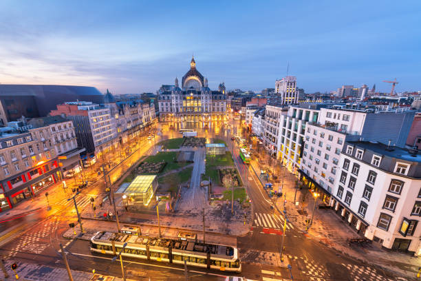 Antwerp, Belgium cityscape at Centraal Railway Station from night till dawn.