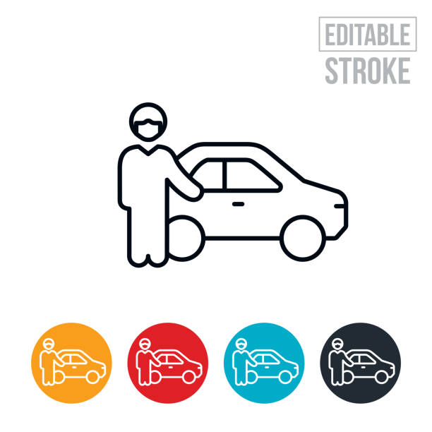 Chauffeur Wearing Face Mask Thin Line Icon - Editable Stroke An icon of a chauffeur next to a car while wearing a face mask. The icon includes editable strokes or outlines using the EPS vector file. uber driver stock illustrations