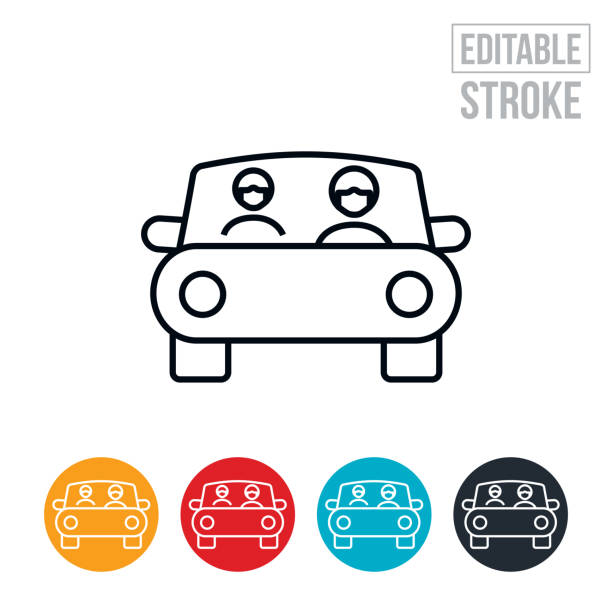 Carpooling Wearing Face Mask Thin Line Icon - Editable Stroke An icon of two people carpooling together while wearing face masks. The icon includes editable strokes or outlines using the EPS vector file. uber driver stock illustrations