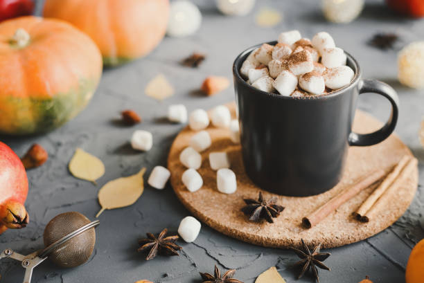 heiße schokolade mit mini-marshmallows serviert in einem schwarzen becher mit kakaopulver, zimtstangen, sternanis, kürbisse und gelben blättern auf betonhintergrund. herbst inspiriert dessert - portion pumpkin vegetable black stock-fotos und bilder