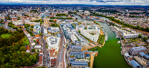 Aerial panorama of the city of Bristol in the southwest of England in cloudy day