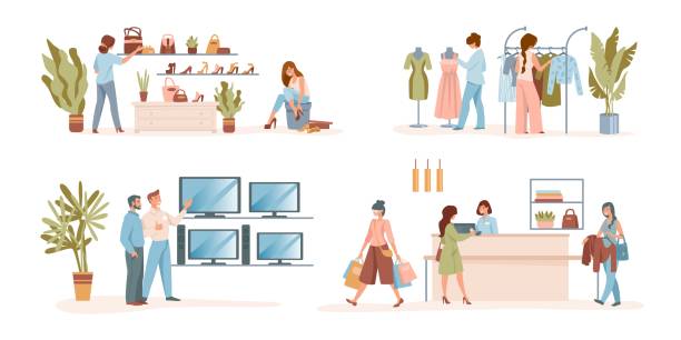 ilustrações de stock, clip art, desenhos animados e ícones de customers shopping. cartoon people characters searching for fashion clothes, shoes and buying stuff shop. seller consults man in electronics store. vector scenes with buyers at boutique - boutique fashion indoors shopping