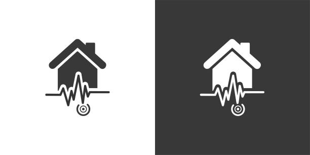 지진 그림. 흑백 배경에 격리된 아이콘입니다. 날씨 벡터 일러스트레이션 - earthquake stock illustrations