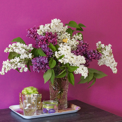 Bouquets of white and violet lilas, October 2020.