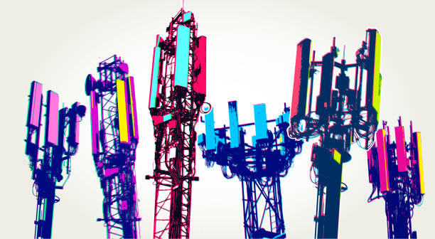 Cellular communications tower for mobile phone Posterised or Pop Art styled Cellular communications tower for mobile phone and video data transmission, 5G, cellular, telecommunications, phone mast, cell tower stock illustrations