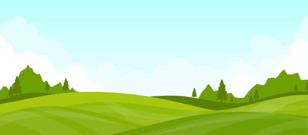 illustrazioni stock, clip art, cartoni animati e icone di tendenza di paesaggio montano vista prato verde con nuvole bianche e blu chiaro cielo vettore - clear sky panoramic grass scenics