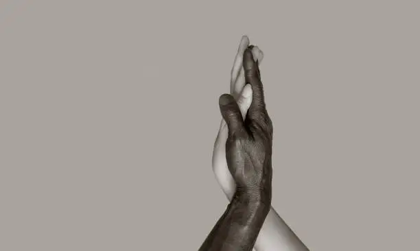 A black-and-white photograph in which black male and white female hands touch palms, intertwining. The concept of interracial friendship and respect. Copy of the space, gray isolated background