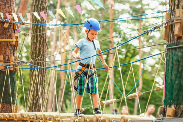 istock Five year boy on rope-way in forest 1278617030