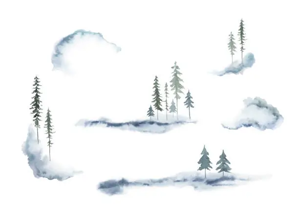 Vector illustration of Watercolor vector set of forest winter landscapes. Hand painted illustration for greeting floral postcard and invitations isolated on white background.