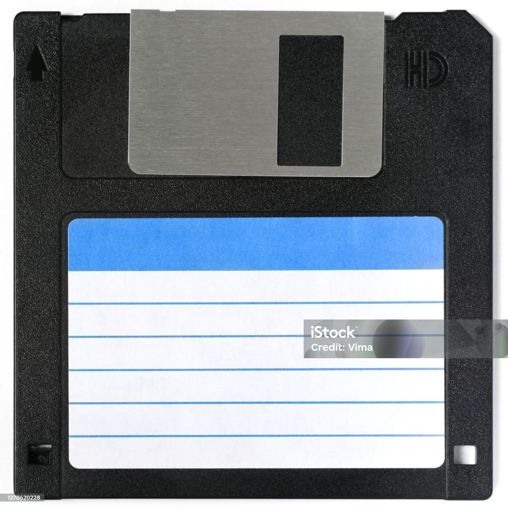 Floppy disk with clear label to write on it Retro floppy disk/ diskette background Backup Stock Photo