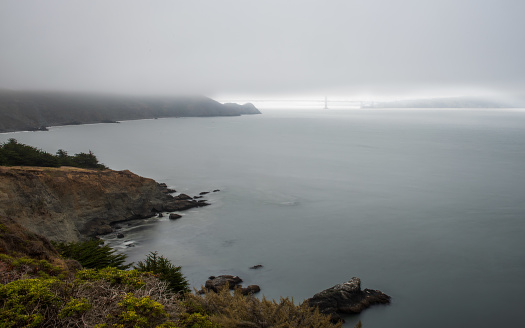 Panoramic view of the Golden Gate Bridge in the morning viewed from Battery Spencer, a Fort Baker site.