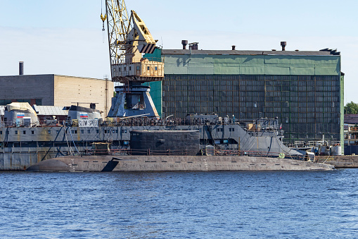 St.Petersburg, Russia - August, 09, 2020: Diesel-electric submarines of Project 636 \