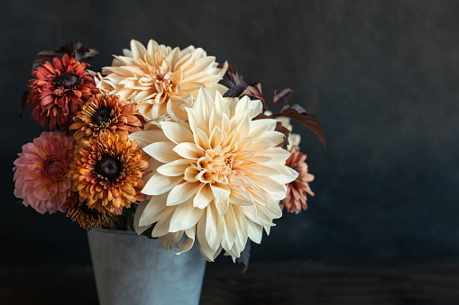 Beautiful autumn bouquet  with dahlia flowers on a dark rustic background. Place for text.