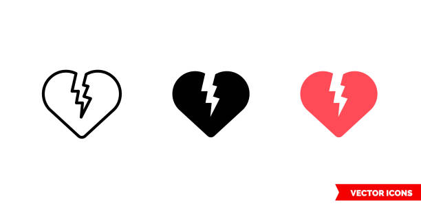 Broken heart icon of 3 types color, black and white, outline. Isolated vector sign symbol Broken heart icon of 3 types. Isolated vector sign symbol. silhouette of black broken heart stock illustrations