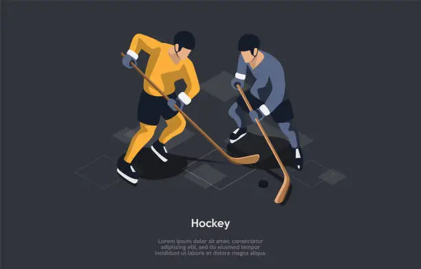Vector illustration of Hockey, Sport Concept. Two Male Characters Playing Hockey Against Each Other By Trying To Manoeuvre A Ball Or A Puck Into The Opponent s Goal Using Hockey Sticks. 3d Isometric Vector Illustration