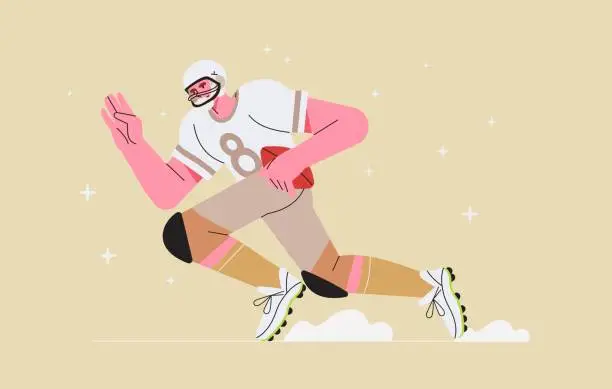 Vector illustration of American football player running and holding ball vector illustration for baner, flyer, web page, greeting post card. Sport concept. Male trendy character playing football or gridiron and run fast.