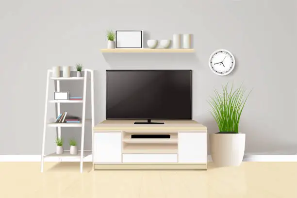 Vector illustration of Tv on cabinet in modern living room with table and plant