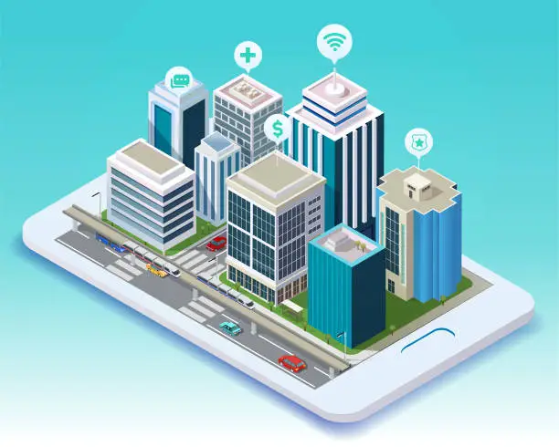 Vector illustration of isometric illustration of smart city mobile app on tablet