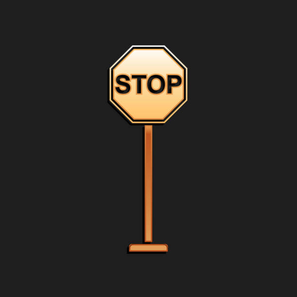 istock Gold Stop icon isolated on black background. Traffic regulatory warning stop symbol. Long shadow style. Vector 1278630662