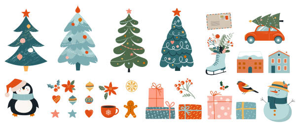 kolekcja ozdób świątecznych, prezentów świątecznych, zimowych wełnianych ubrań, chleba imbirowego, drzew, prezentów i pingwinów. kolorowa ilustracja wektorowa w płaskim stylu kreskówki. - zima ilustracje stock illustrations