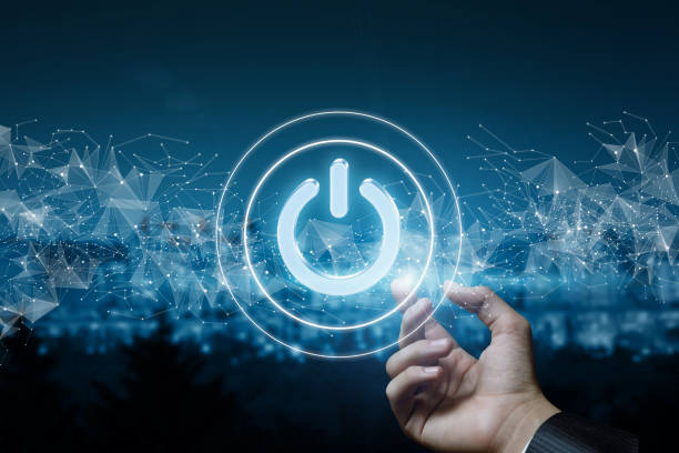 istock Hand shows Power icon on blurred background. 1278631750
