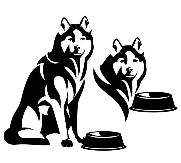 Vector illustration of pet dog with food bowl waiting for meal black and white vector outline