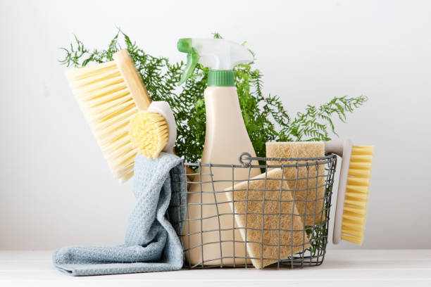 Eco brushes, sponges and rag in cleaning basket stock photo