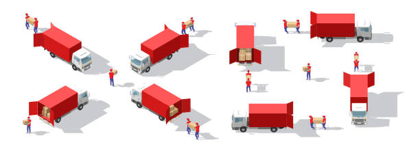 car_101 Truck transportation with open door. Fast delivery or logistic transport. Easy colour change. Detailed trucks. Cargo delivering vehicle template vector isolated on white view Isometry front, back truck trucking car van stock illustrations