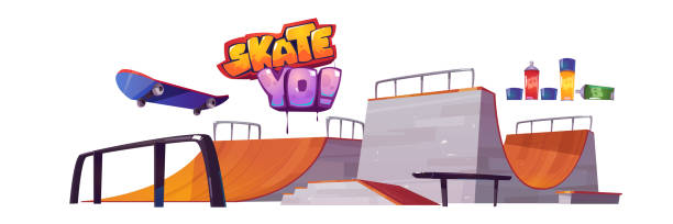skatepark rampen, skateboard und graffiti-buchstaben - skateboard park ramp park skateboard stock-grafiken, -clipart, -cartoons und -symbole